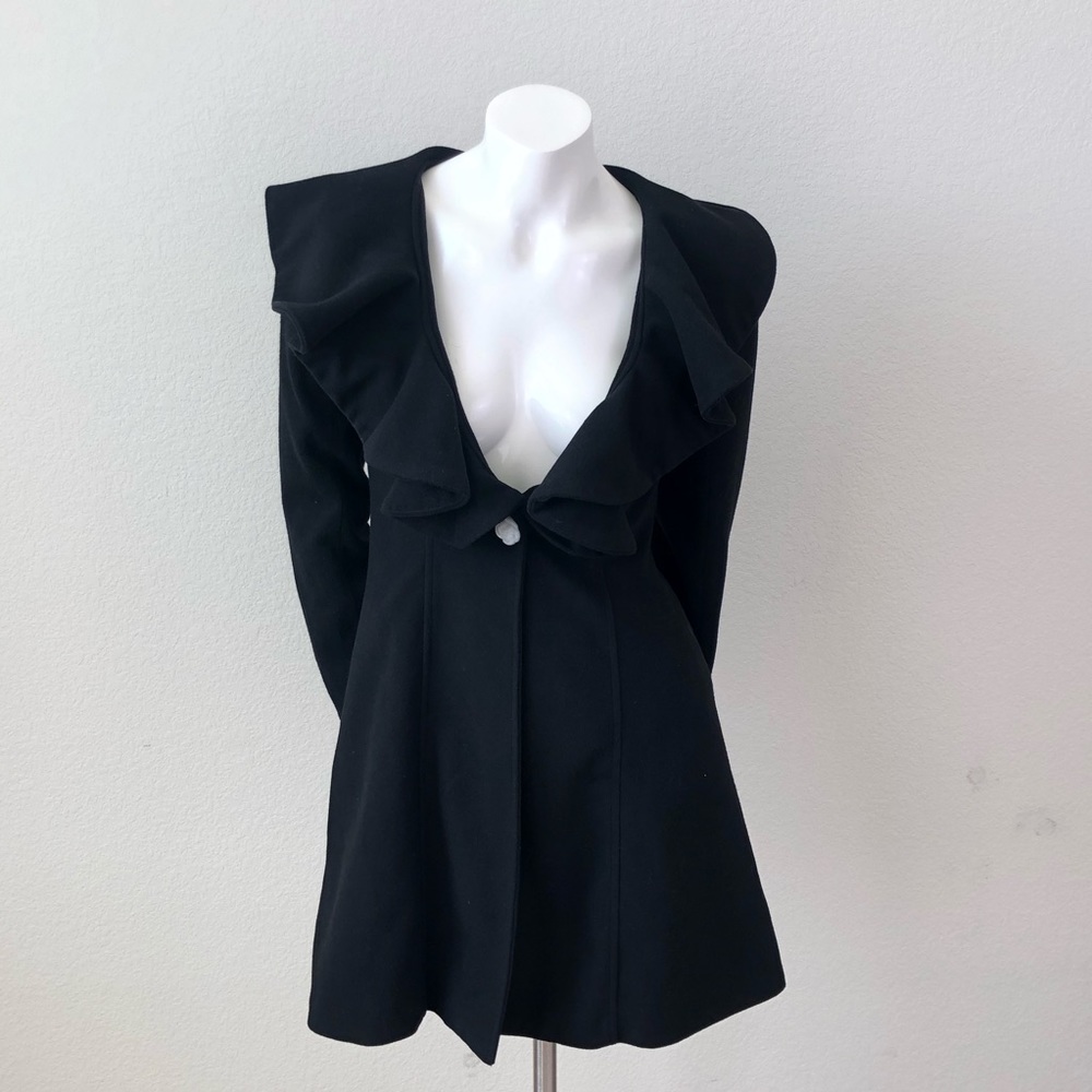 QZGZ Black Fleece Ruffle Peacoat